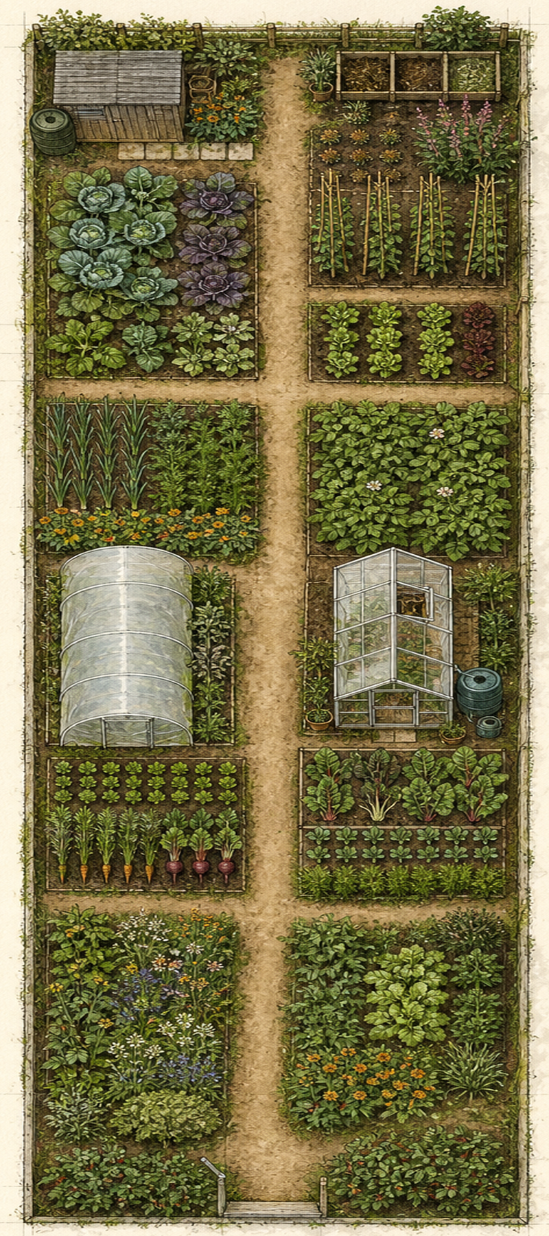 Hand-drawn top-down technical plan of a long British allotment with vegetable beds, paths, greenhouse, polytunnel, shed and compost bays